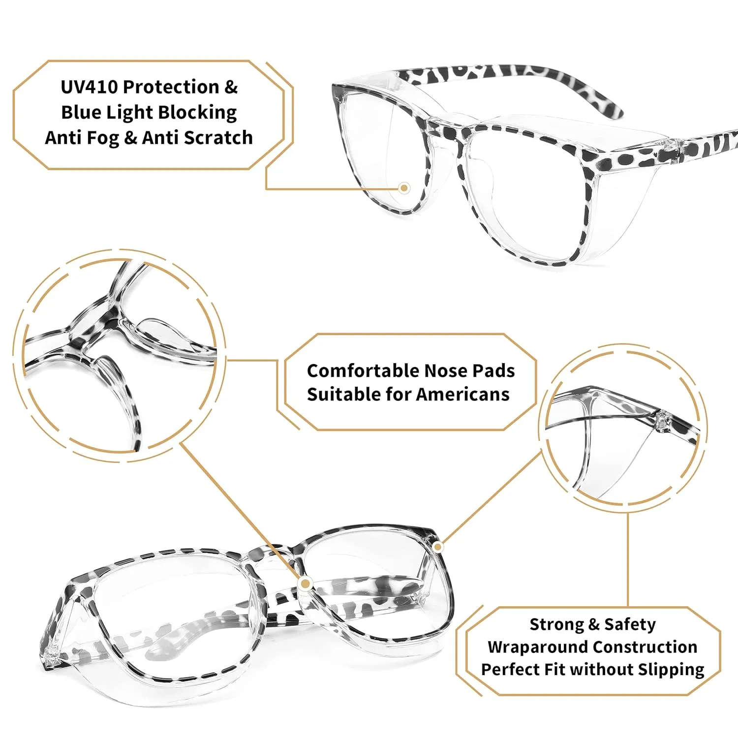 Alsenor Safety Glasses Anti Fog Goggles Protective Eyewear Blue Light Blocking Anti Dust UV Protection Glasses For Men Women (Black-Leopard)