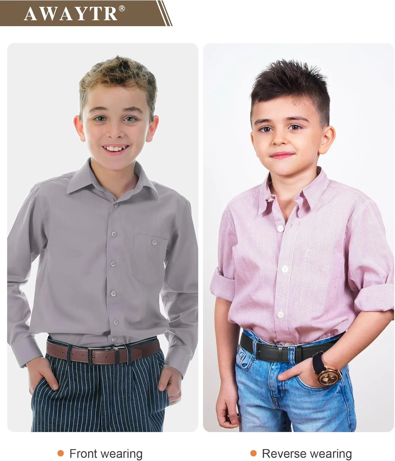AWAYTR Reversible Kids Belts for Boys - Black and Brown Leather Belt for School Uniform Casual Jeans