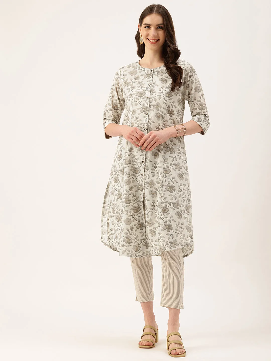 Beige Floral Printed Mandarin Collar Kurta