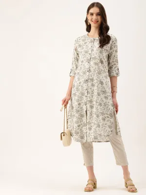 Beige Floral Printed Mandarin Collar Kurta