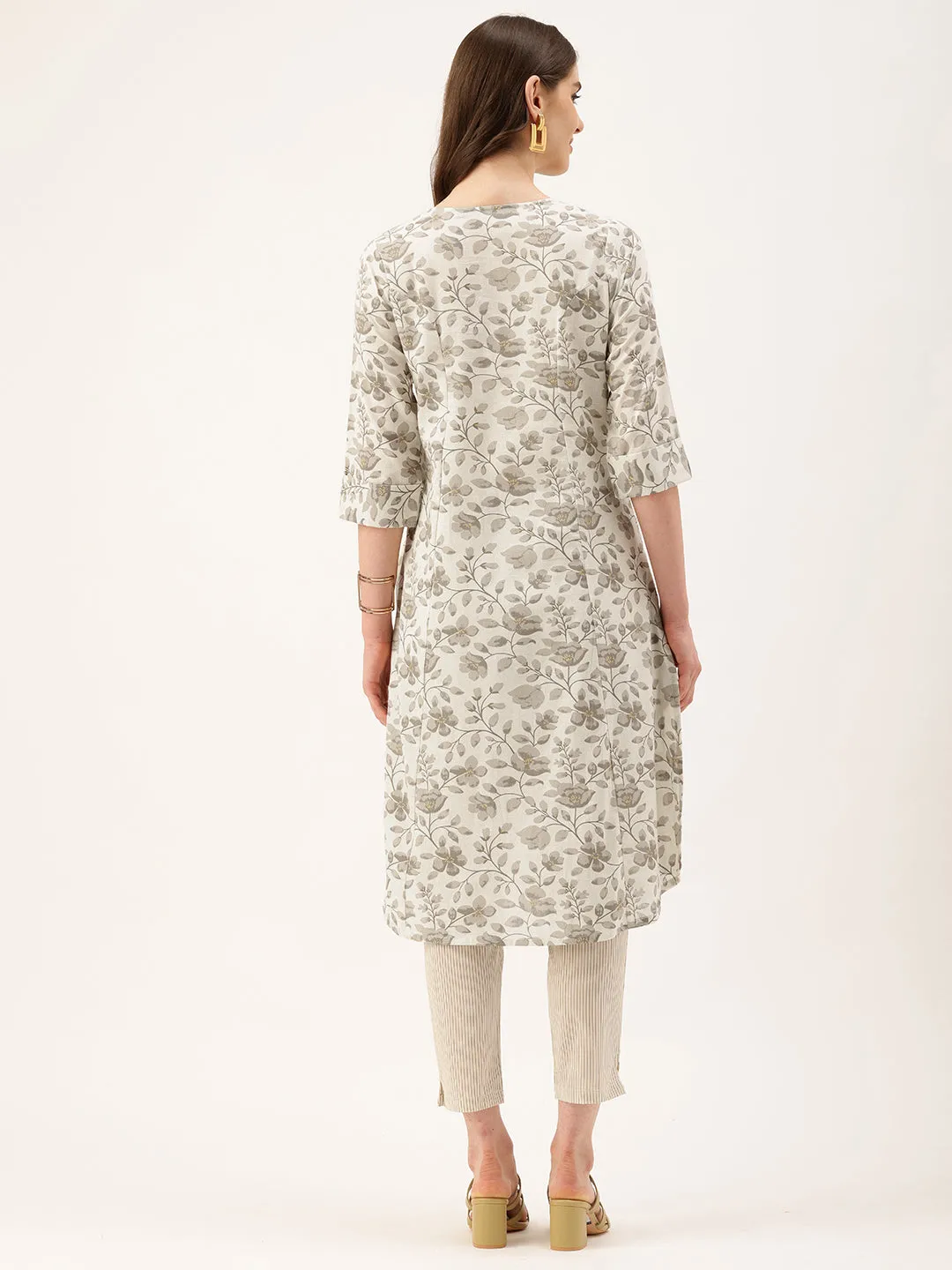 Beige Floral Printed Mandarin Collar Kurta