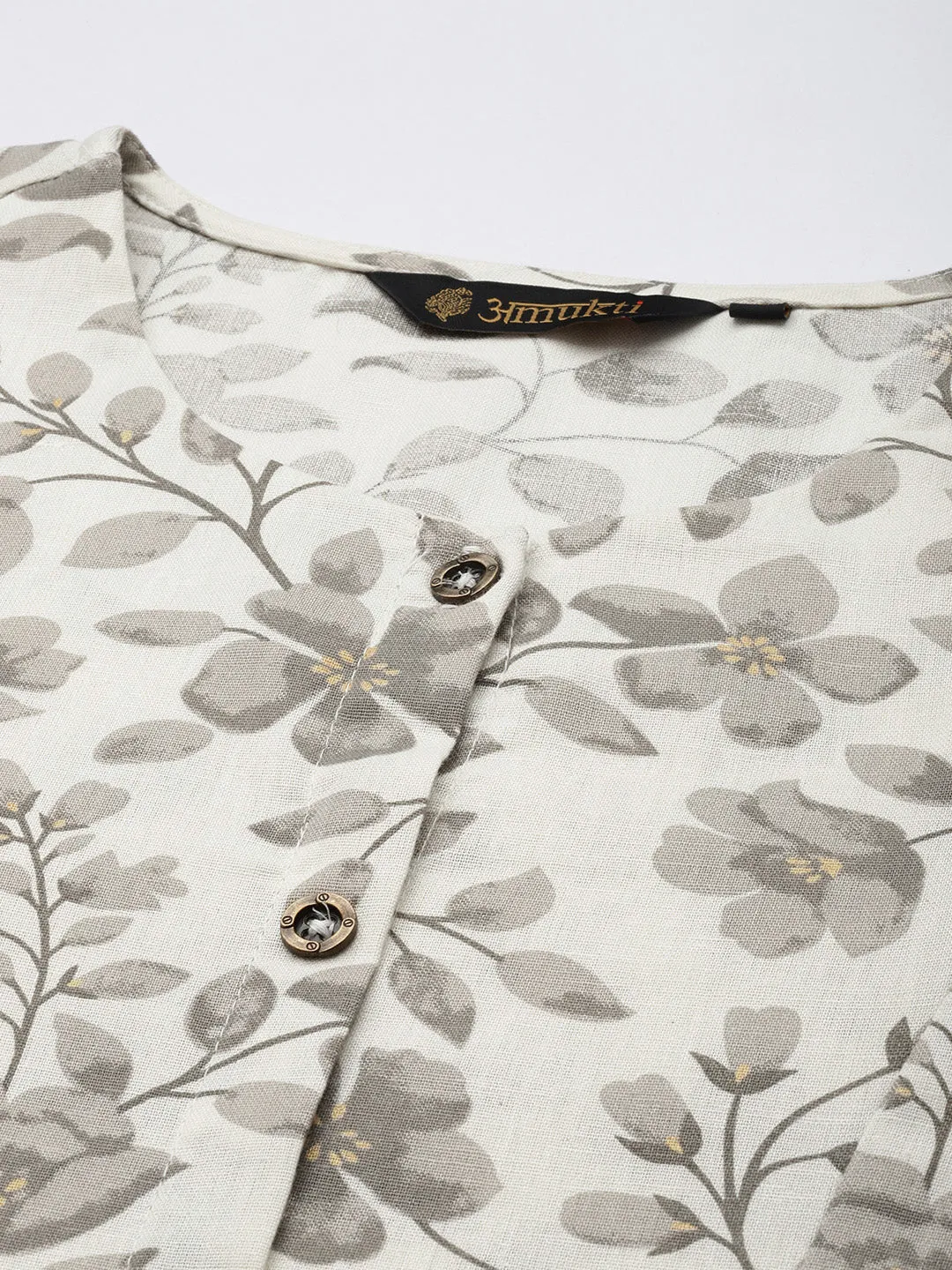 Beige Floral Printed Mandarin Collar Kurta