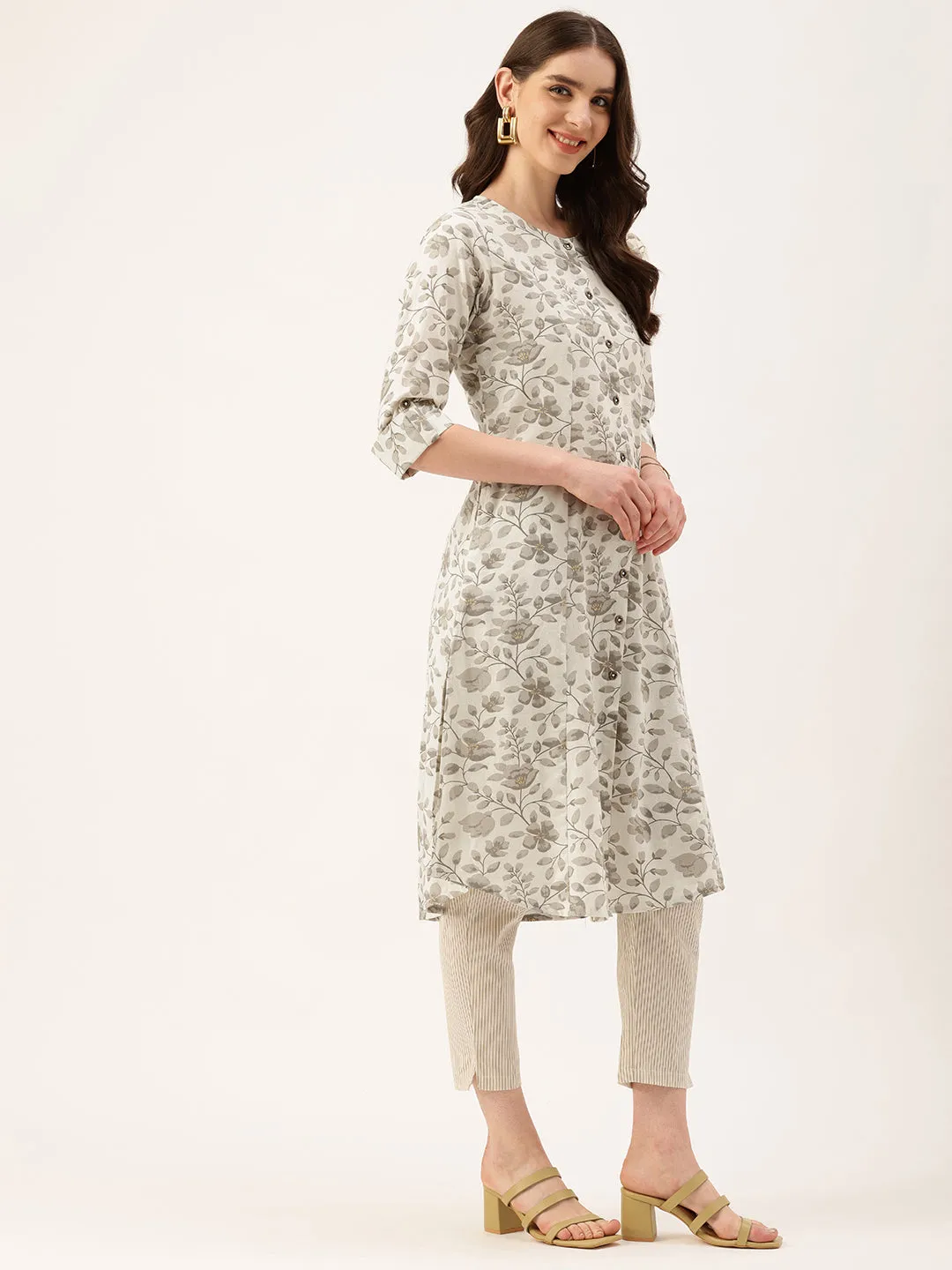 Beige Floral Printed Mandarin Collar Kurta