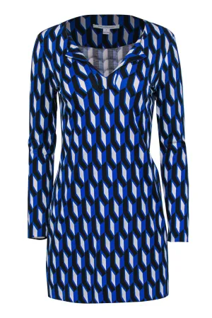 Diane von Furstenberg - Blue Geometric Printed Shift Dress Sz 4