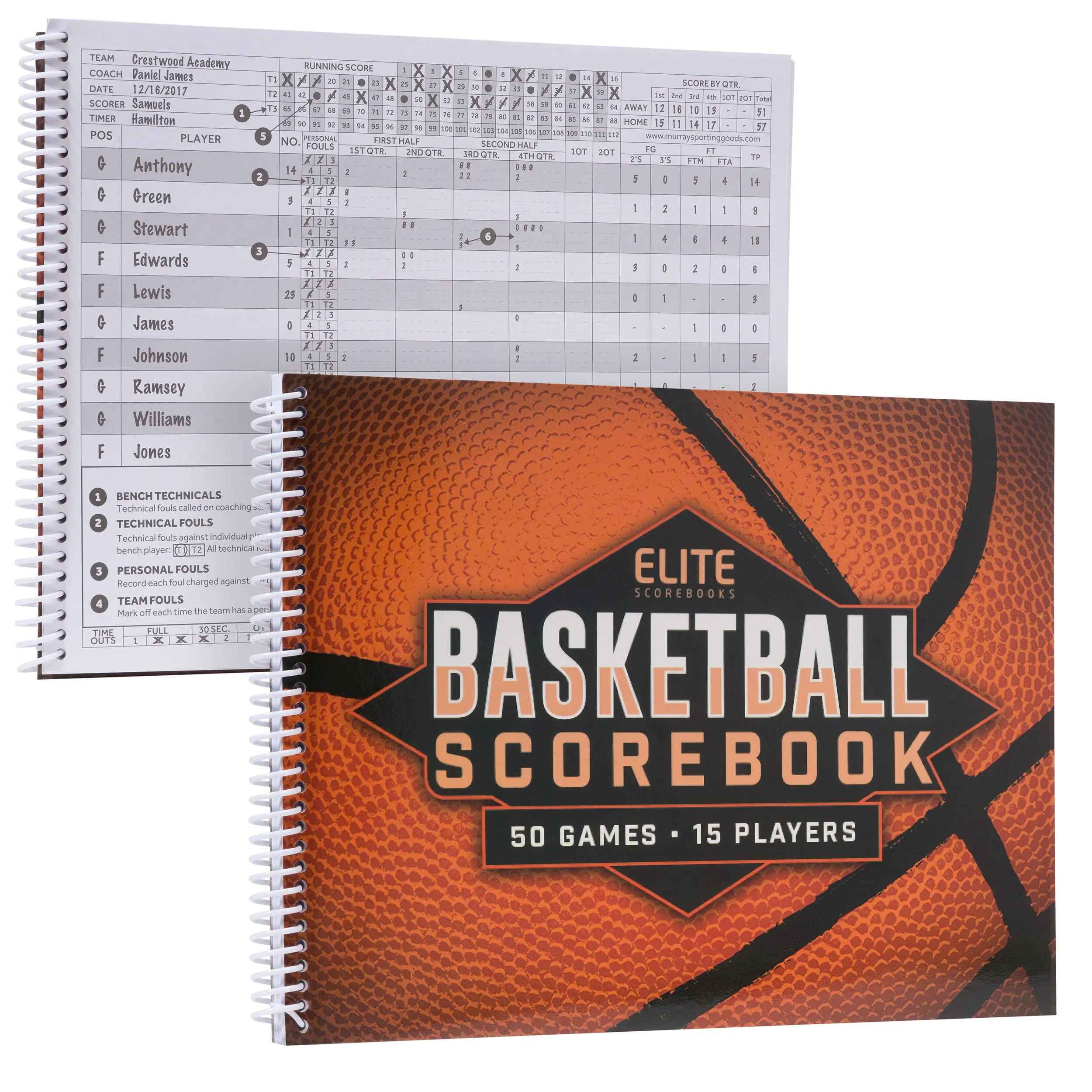 Elite Basketball Scorebook - 50 Games