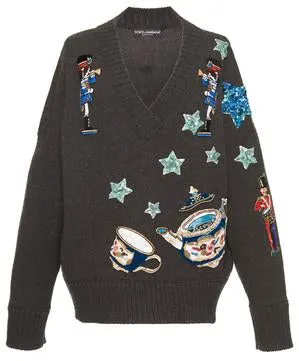 Embellished V-Neck Sweater in Grey