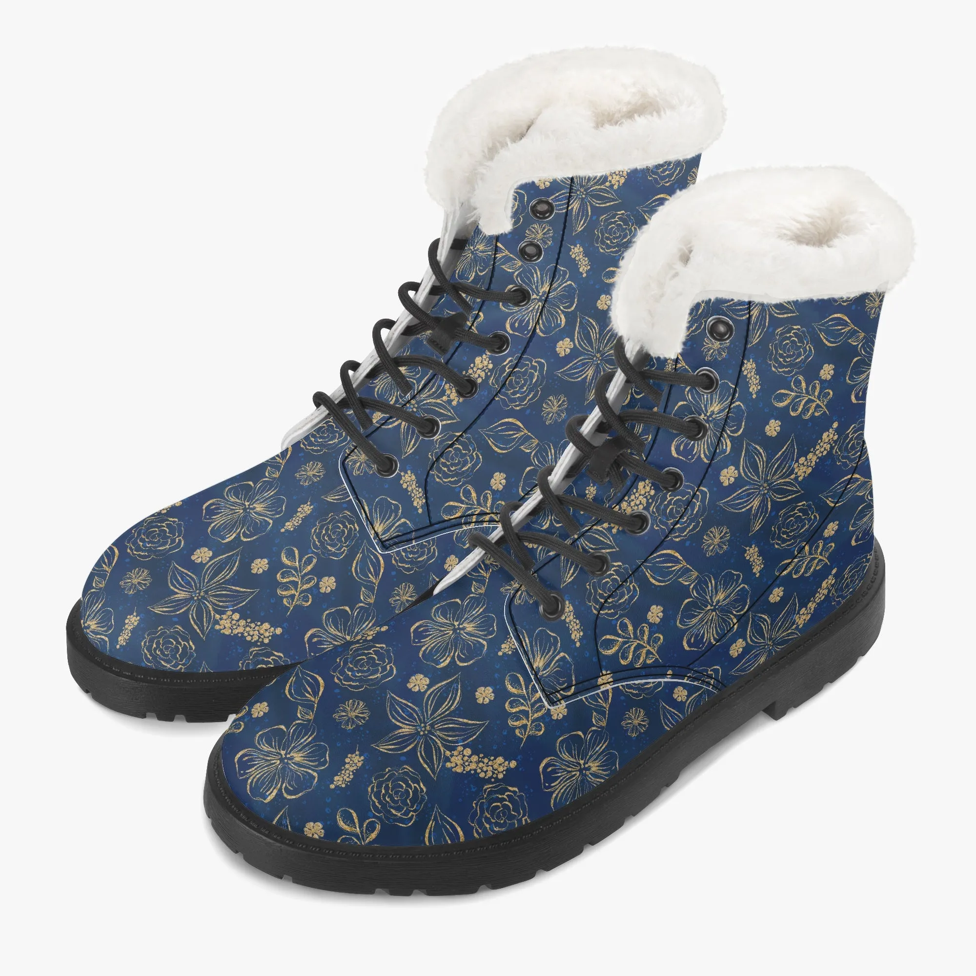 Faux Fur Leather Boots Blue Gold Floral