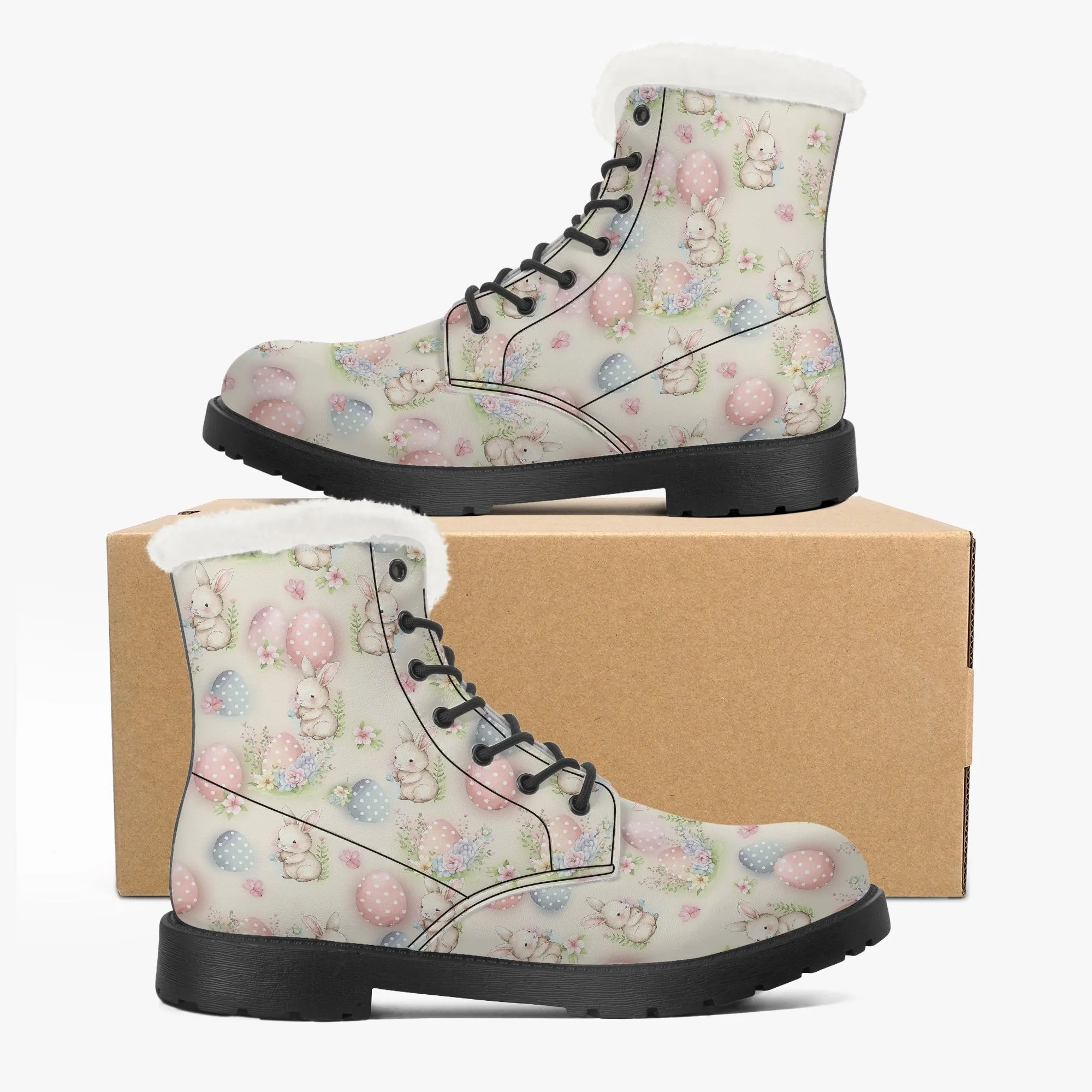 Faux Fur Leather Boots Cute Easter Print