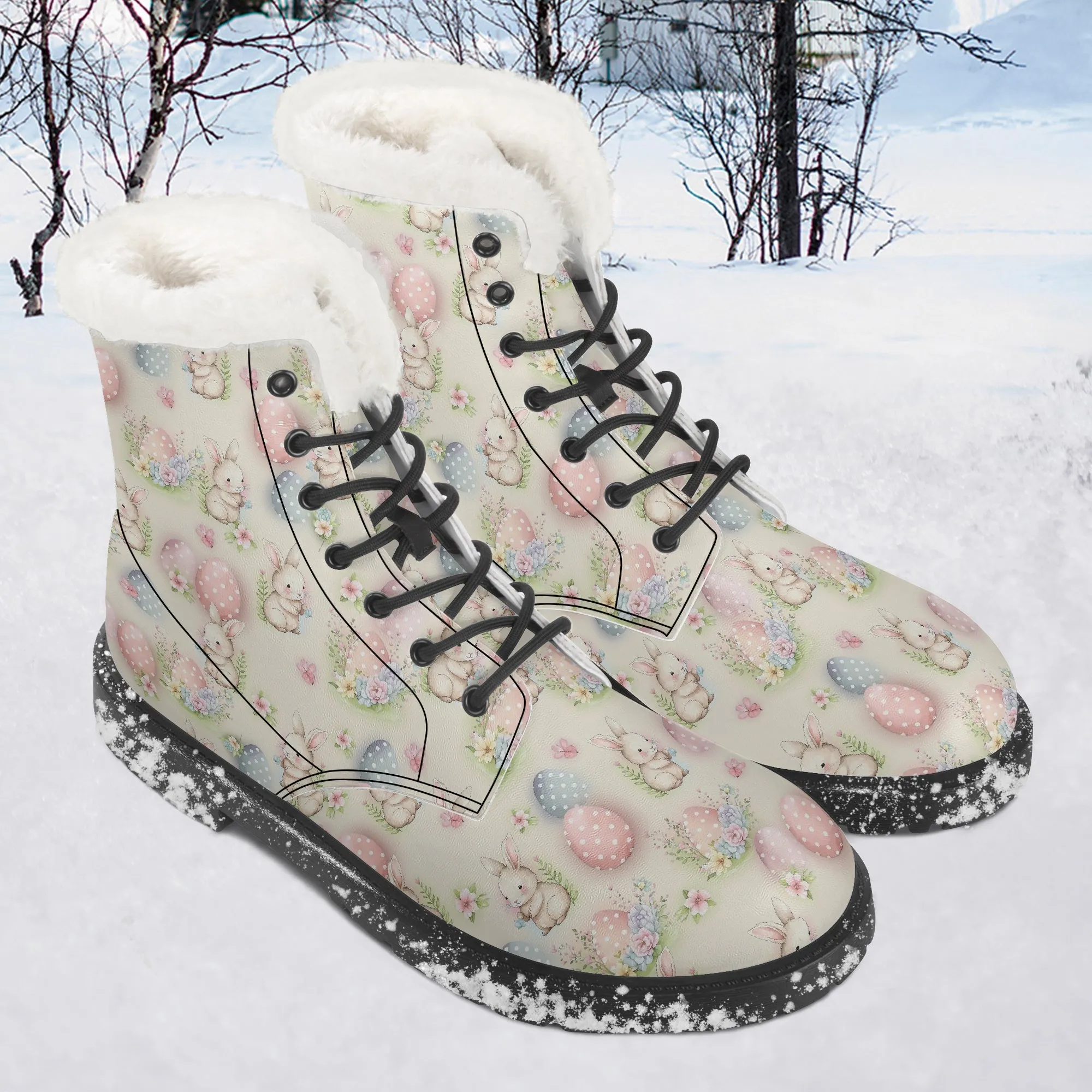 Faux Fur Leather Boots Cute Easter Print