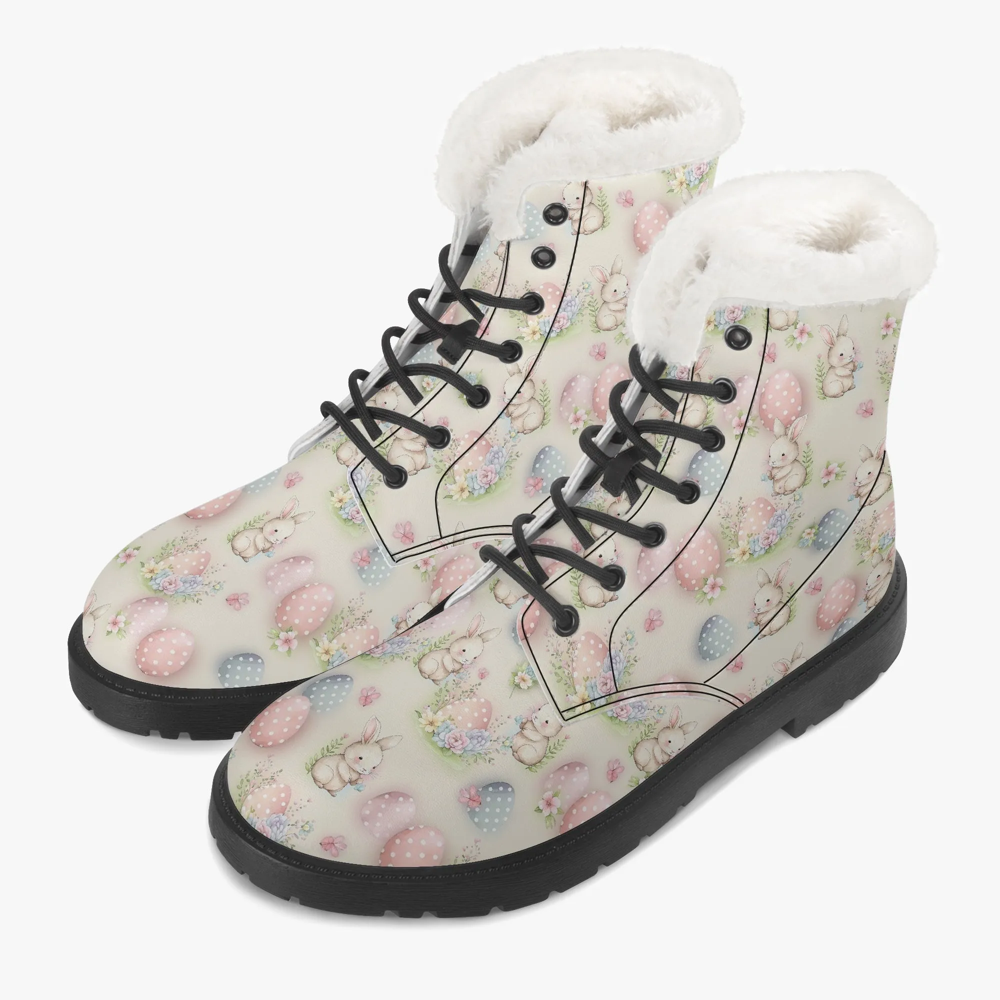 Faux Fur Leather Boots Cute Easter Print