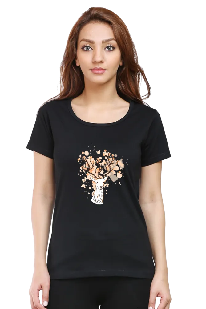 Floral Antlers Printed Scoop Neck T-shirt for women
