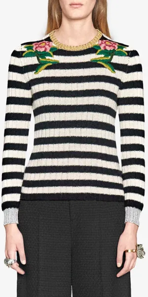Floral-Embroidered Striped Knit Sweater