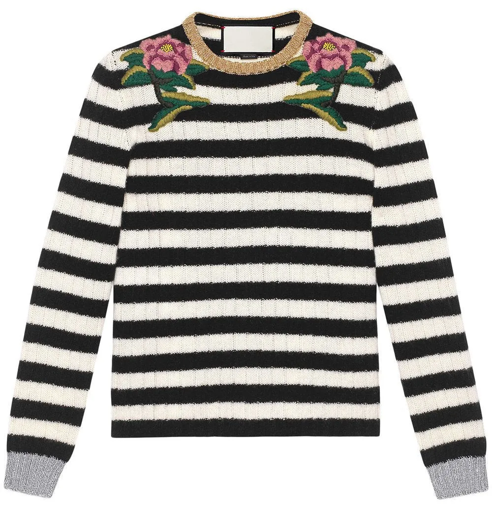 Floral-Embroidered Striped Knit Sweater
