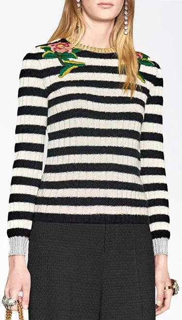 Floral-Embroidered Striped Knit Sweater