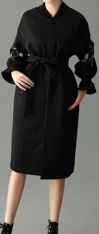 Floral-Embroidered Wrap Coat