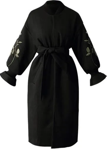 Floral-Embroidered Wrap Coat