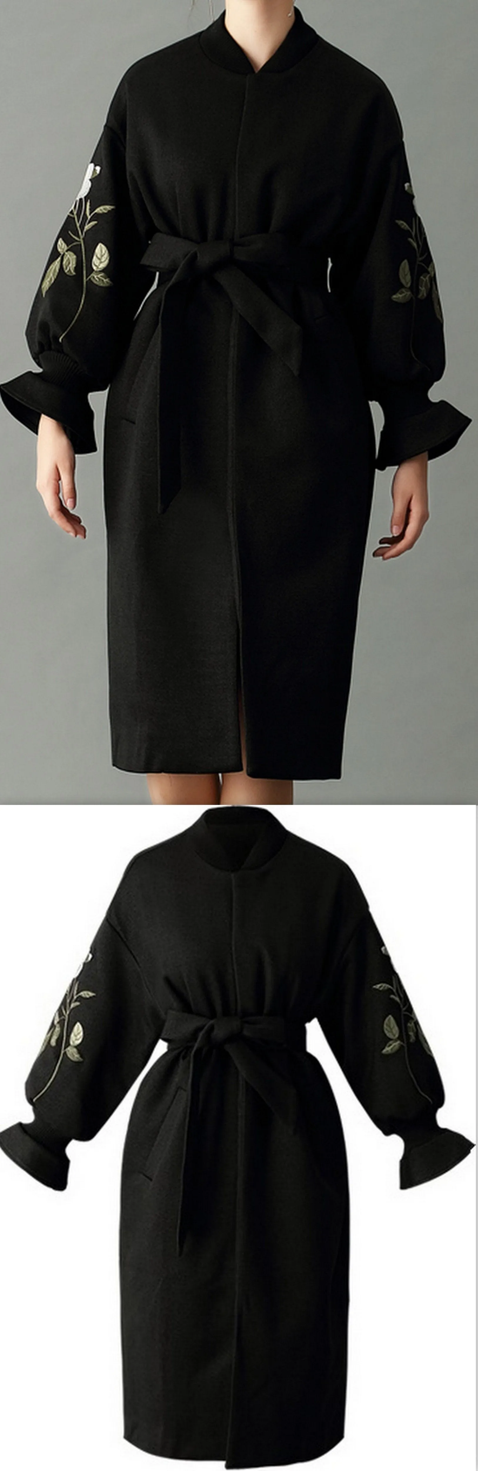 Floral-Embroidered Wrap Coat