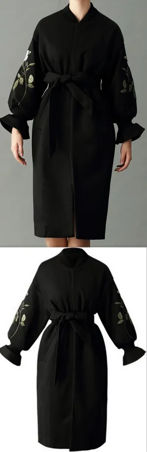 Floral-Embroidered Wrap Coat