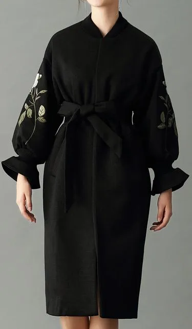 Floral-Embroidered Wrap Coat