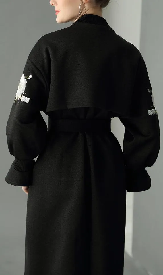 Floral-Embroidered Wrap Coat