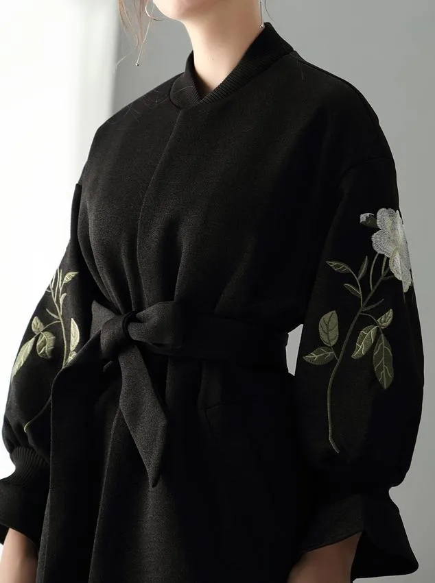 Floral-Embroidered Wrap Coat