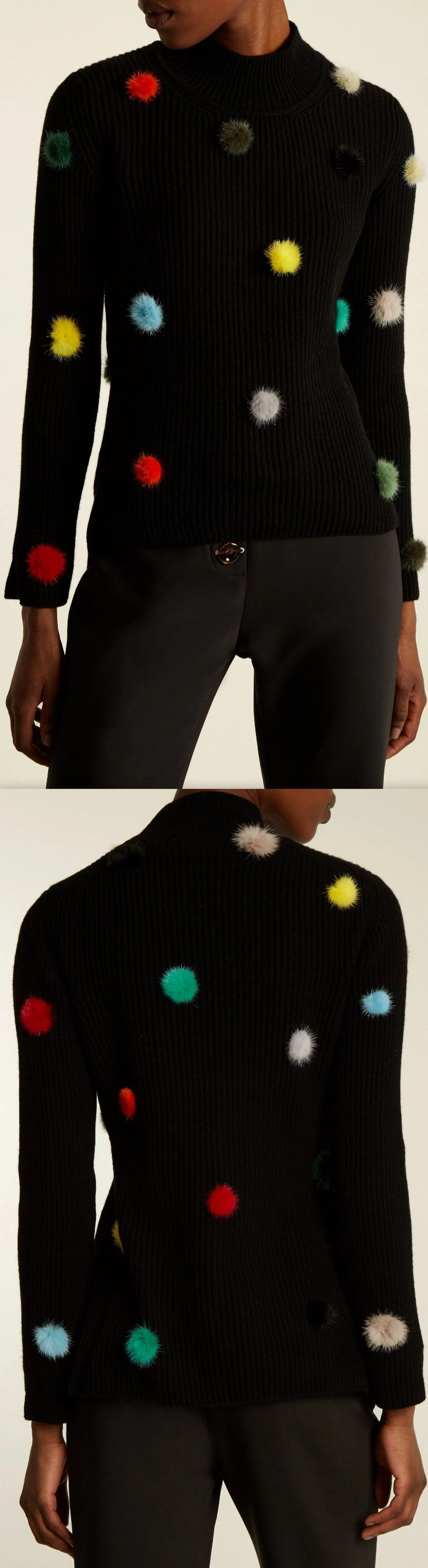 Fur-Pompom High-Neck Sweater