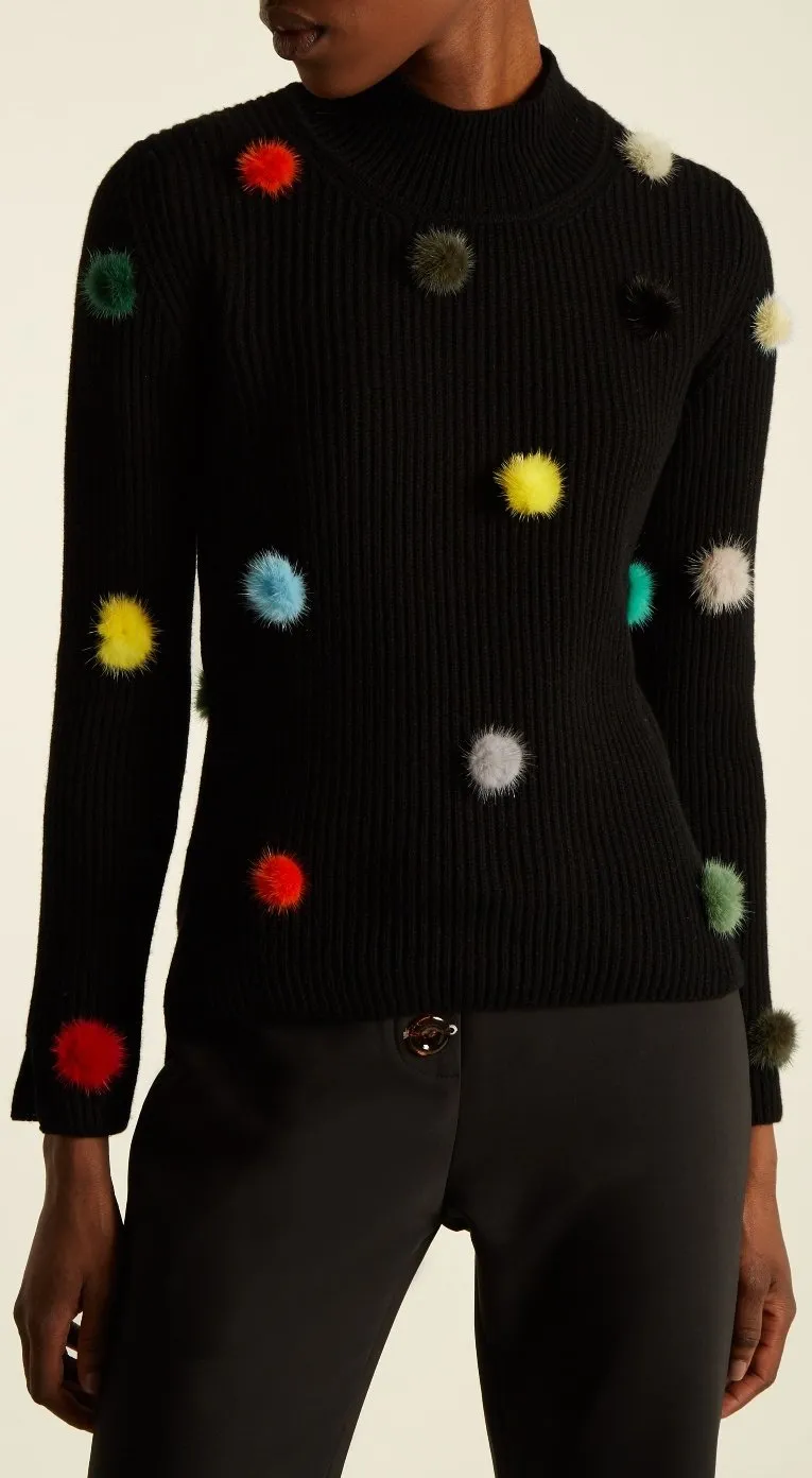 Fur-Pompom High-Neck Sweater