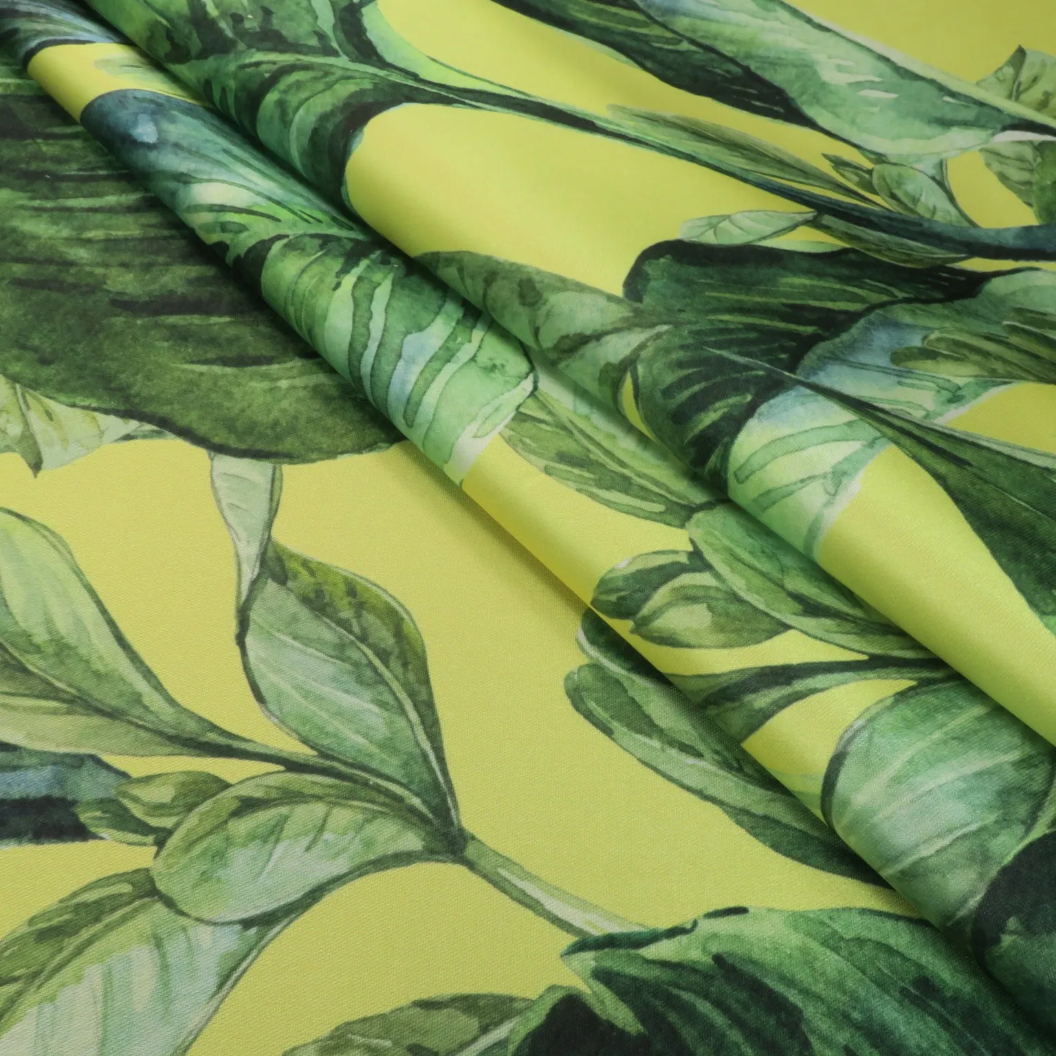 Green Floral on Yellow Background Printed Polyester Mikado Fabric