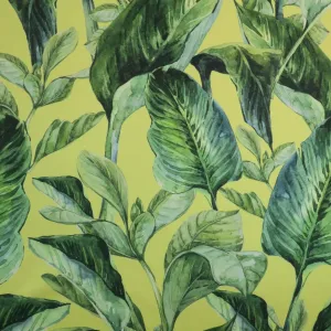 Green Floral on Yellow Background Printed Polyester Mikado Fabric