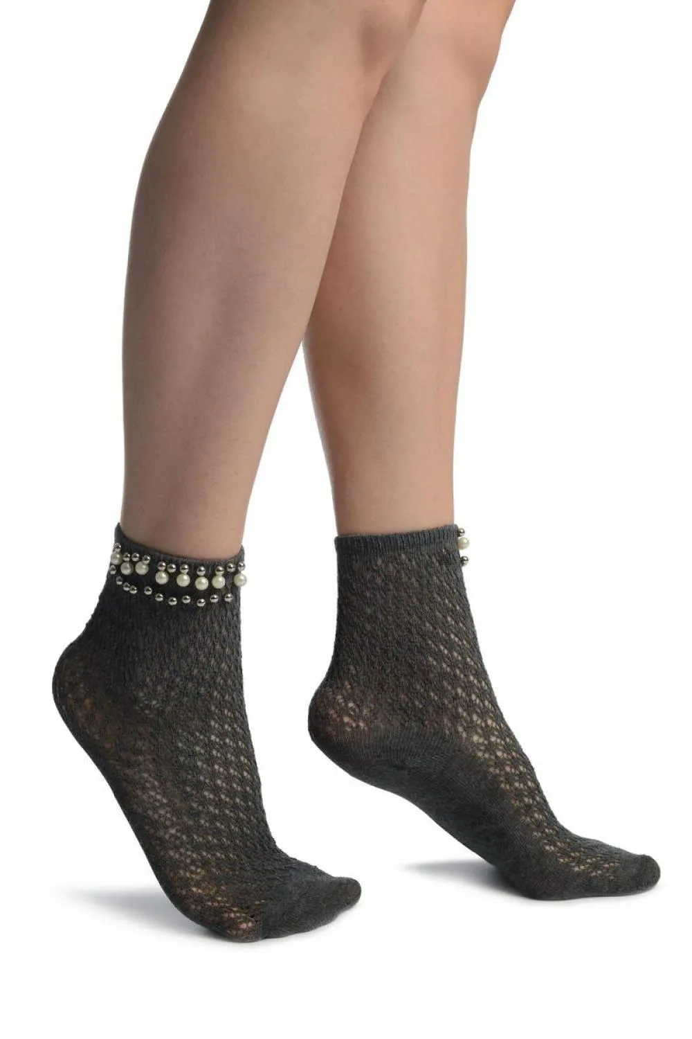Grey Crochet With Pearls and Silver Beads Stripe Ankle High Socks