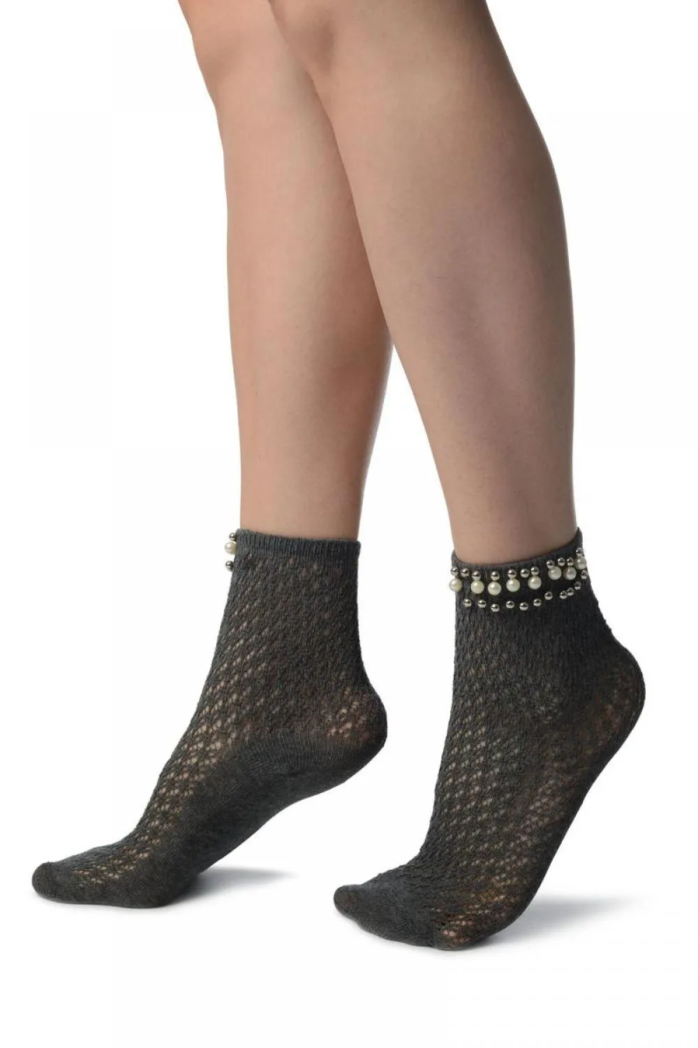 Grey Crochet With Pearls and Silver Beads Stripe Ankle High Socks