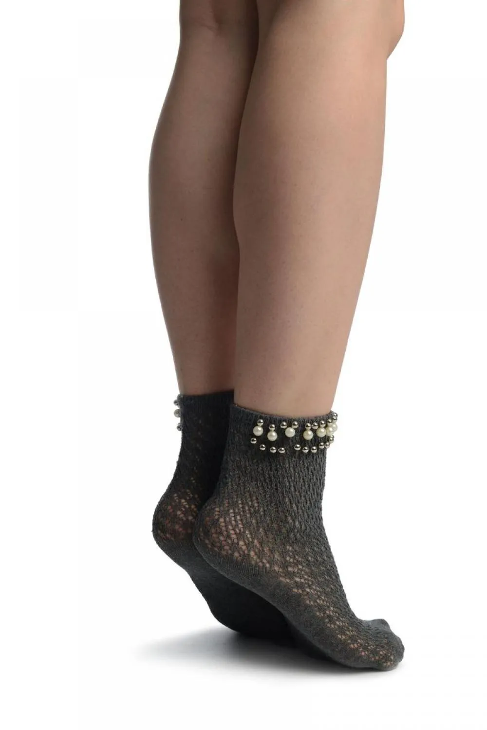 Grey Crochet With Pearls and Silver Beads Stripe Ankle High Socks