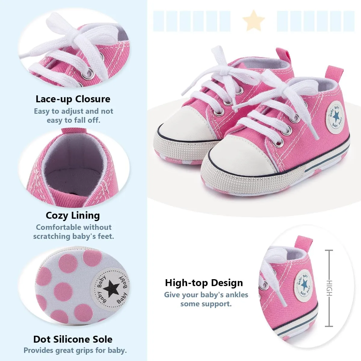 Meckior Baby Girls Boys Canvas Sneakers Soft Sole High-Top Ankle Infant First Walkers Crib Shoes