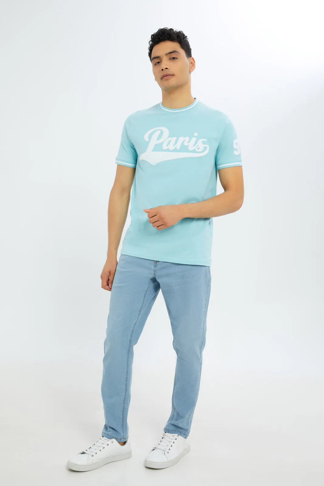 Men Blue T-Shirt With Applique