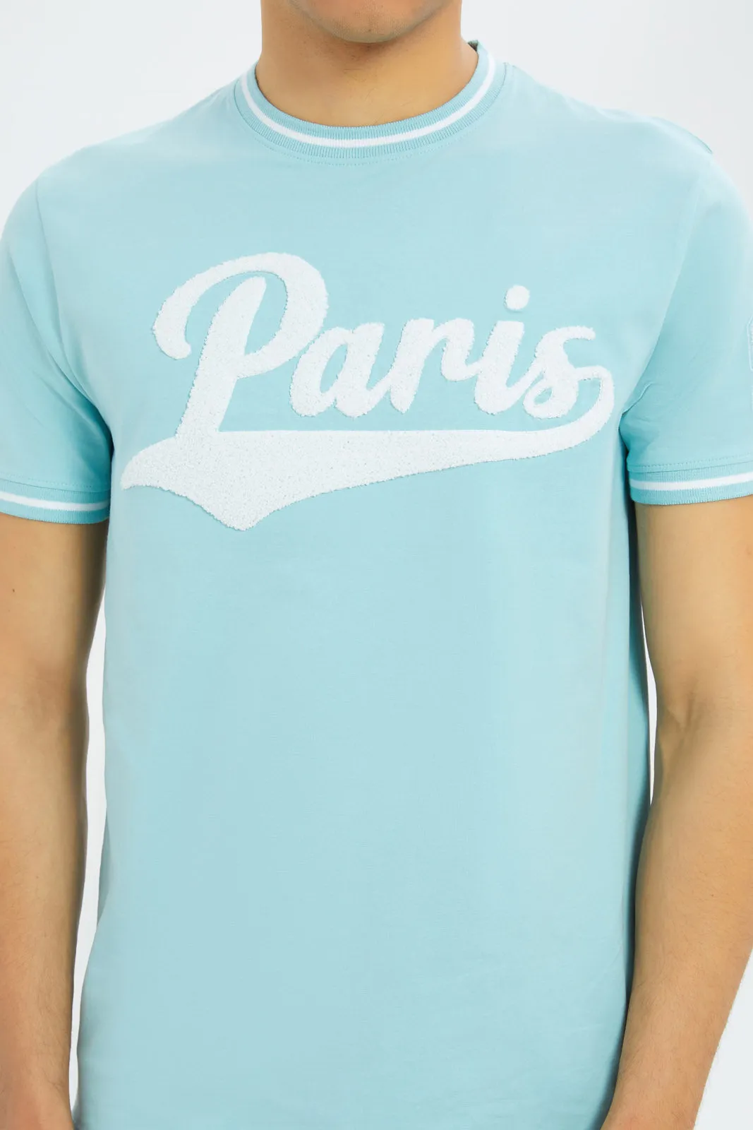 Men Blue T-Shirt With Applique