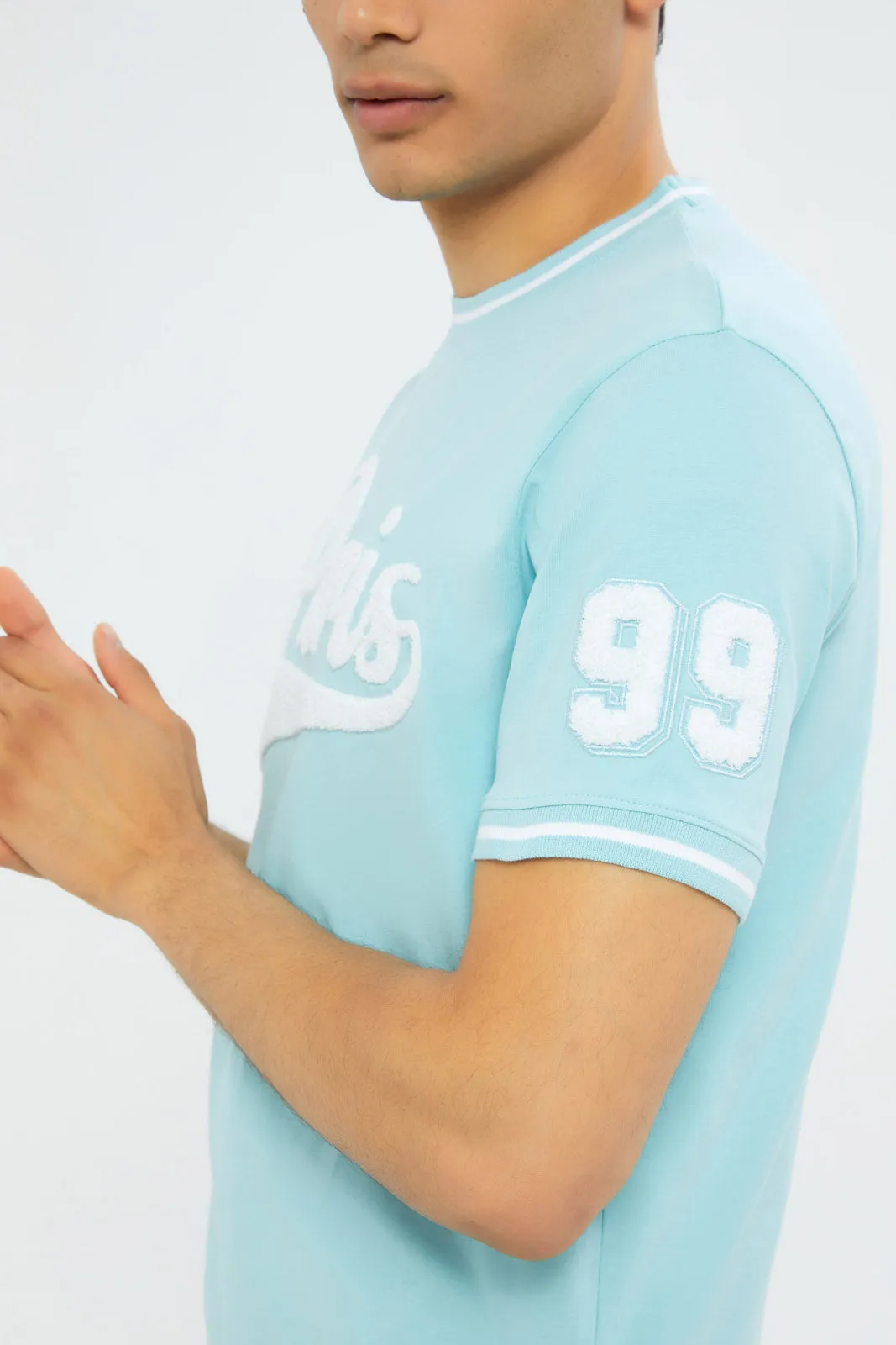 Men Blue T-Shirt With Applique