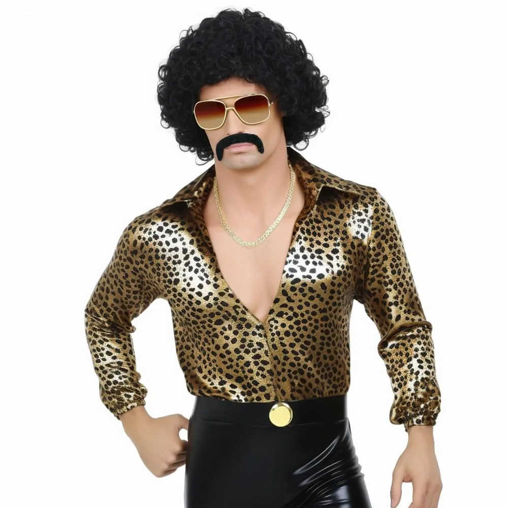 MOVINPE 70's Black Afro Wig for Men Sunglasses Necklace Moustache Disco Wigs for Men Halloween 70s Disco Accessories (Short/Afro/Black)
