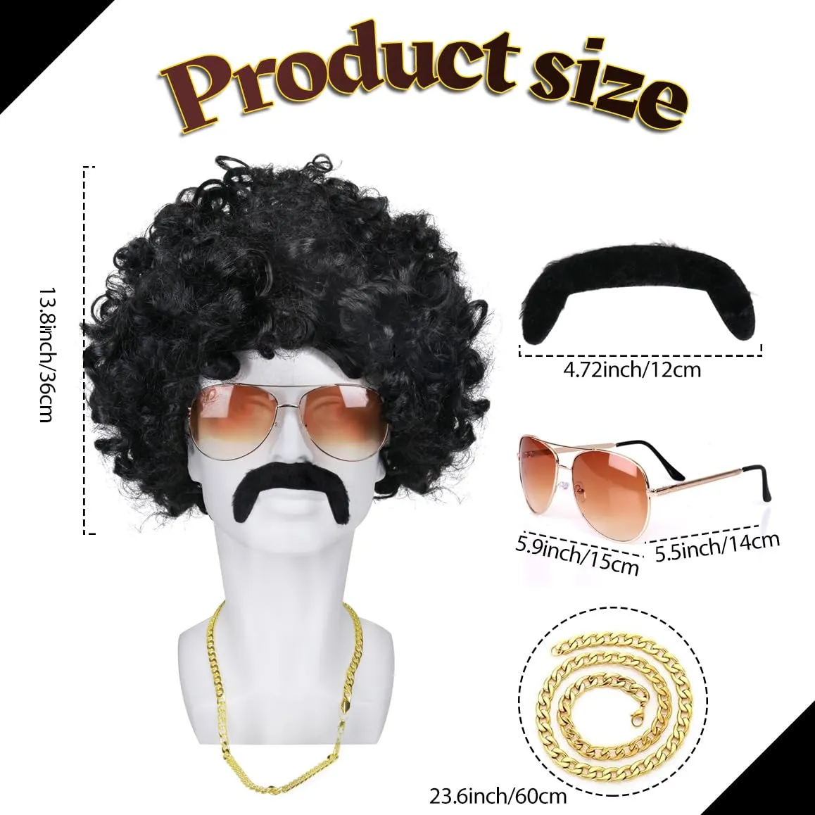 MOVINPE 70's Black Afro Wig for Men Sunglasses Necklace Moustache Disco Wigs for Men Halloween 70s Disco Accessories (Short/Afro/Black)
