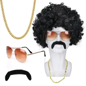 MOVINPE 70's Black Afro Wig for Men Sunglasses Necklace Moustache Disco Wigs for Men Halloween 70s Disco Accessories (Short/Afro/Black)