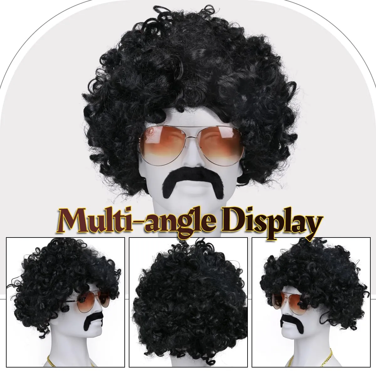 MOVINPE 70's Black Afro Wig for Men Sunglasses Necklace Moustache Disco Wigs for Men Halloween 70s Disco Accessories (Short/Afro/Black)