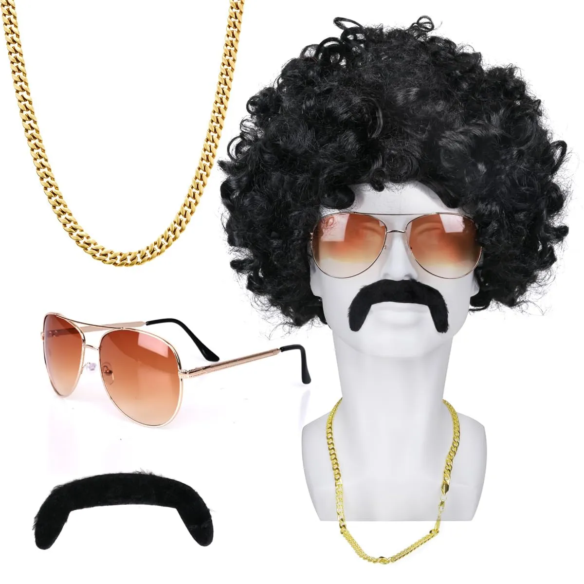 MOVINPE 70's Black Afro Wig for Men Sunglasses Necklace Moustache Disco Wigs for Men Halloween 70s Disco Accessories (Short/Afro/Black)