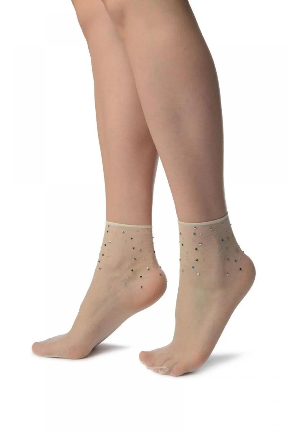 Off-White With Stars & Crystals Ankle High Socks