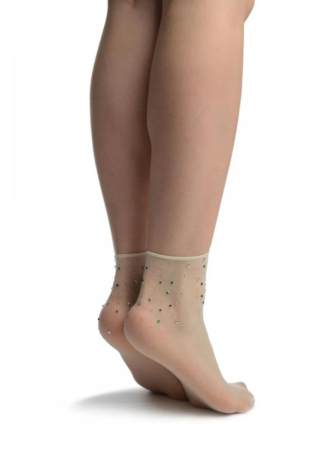 Off-White With Stars & Crystals Ankle High Socks