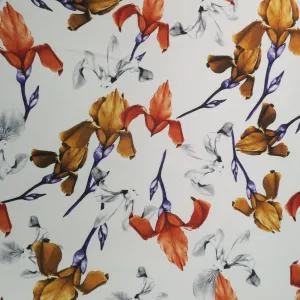 Orange and Pale Yellow Floral on White Background Printed Polyester Mikado Fabric