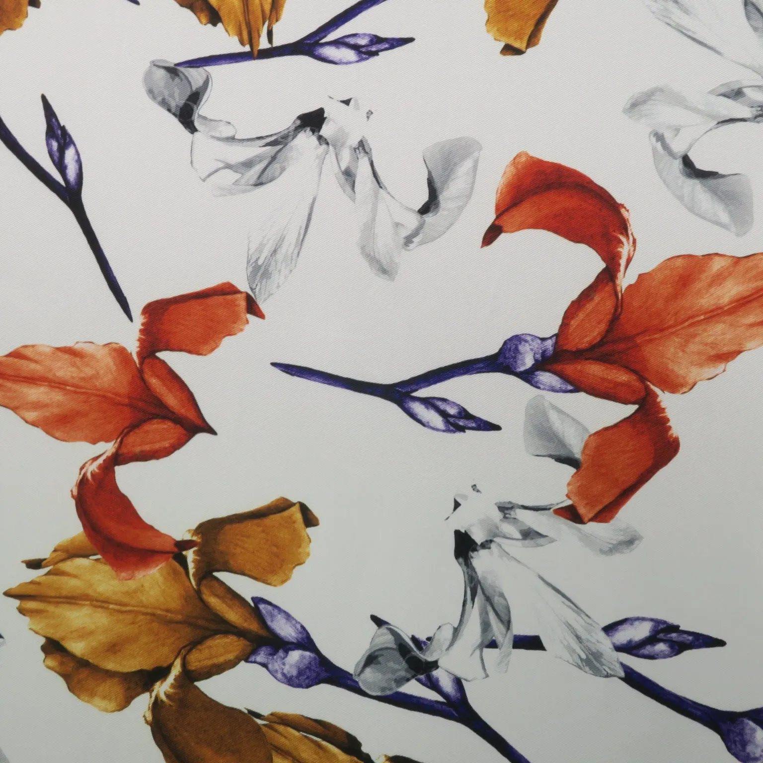 Orange and Pale Yellow Floral on White Background Printed Polyester Mikado Fabric