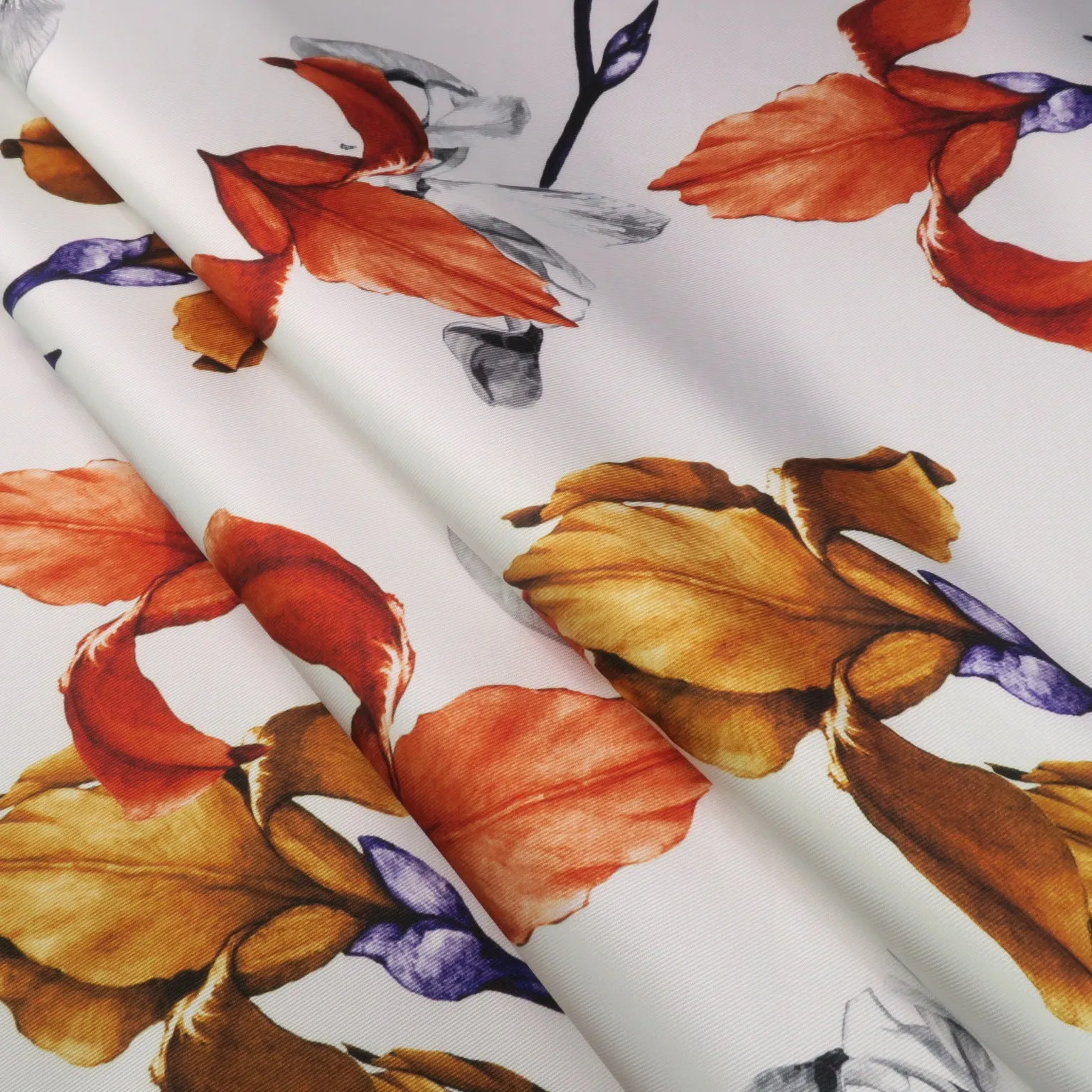 Orange and Pale Yellow Floral on White Background Printed Polyester Mikado Fabric