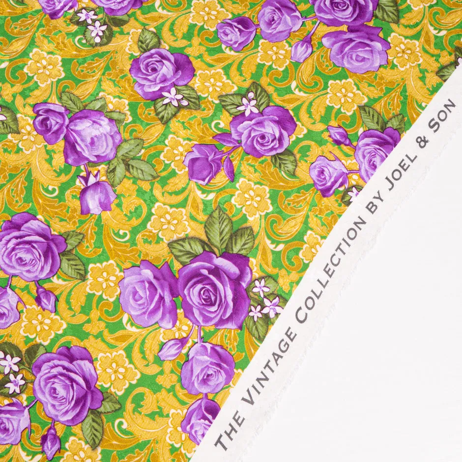 Purple Rose Printed Emerald Green Silk Jacquard