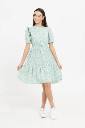 Senior Girls Green Printed Tiered Dress