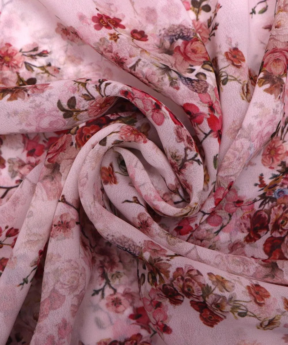 White Red Floral Print Viscose Georgette Fabric