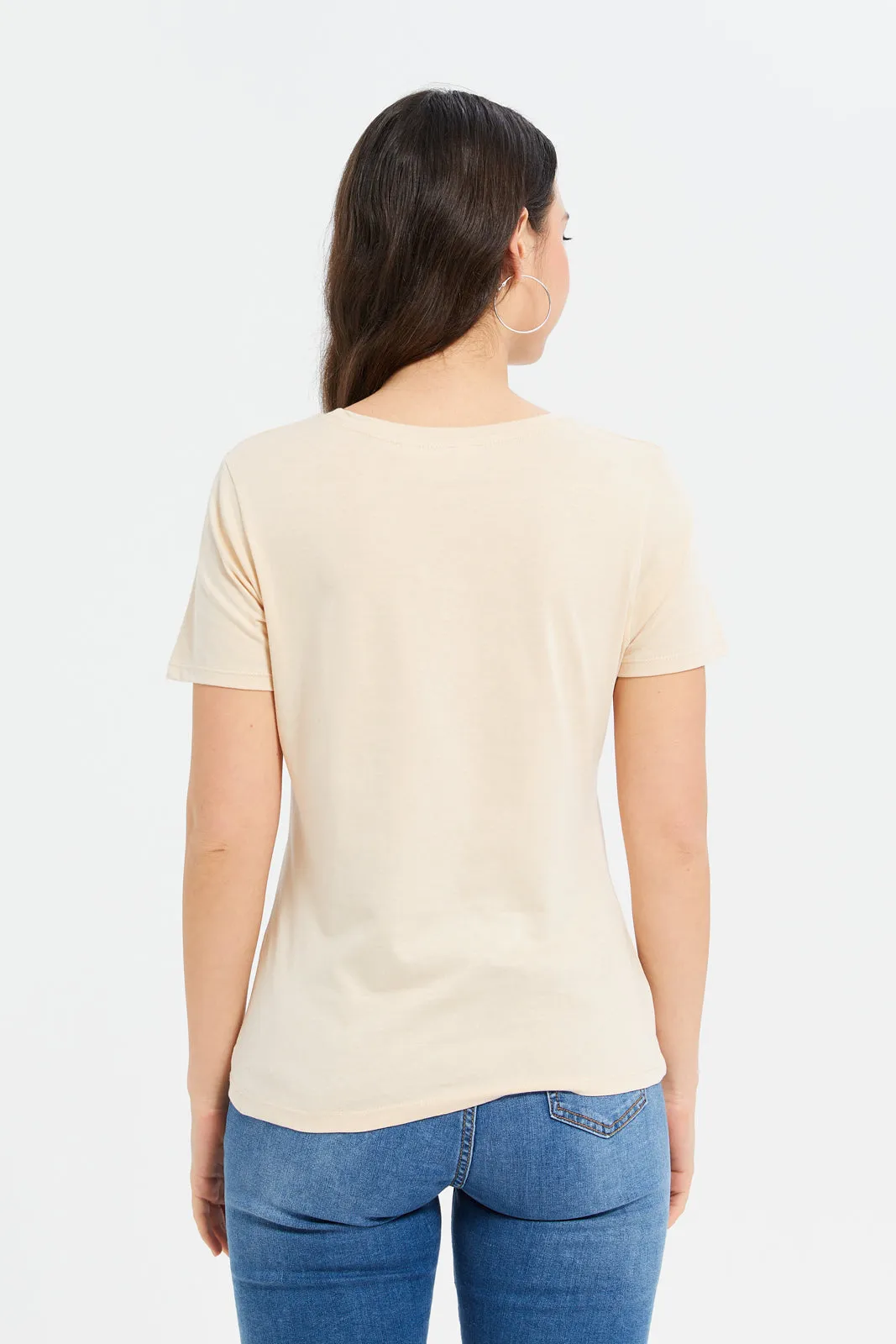 Women Beige Foil Printed T-Shirt